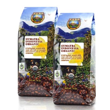 Java Planet - Sumatra Indonesian USDA Organic Coffee Beans, Dark Roasted, Fair Trade, Arabica Gourmet Specialty Grade A, packaged in two 1 LB bags
