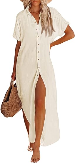 Pink Queen Women's Short Sleeve Button Down Side Slit Maxi Long Swimsuit Cover Up Blouse Dress with Belt