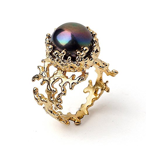 18k Yellow Gold Plated Sterling Silver, Large 12mm Black Peacock Freshwater Cultured Pearl, Coral Reef Organic Statement Ring, Size 4 to 13