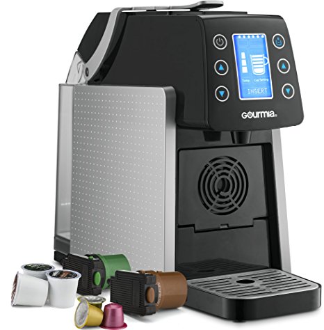 Gourmia GCM5100 One Touch K-Cup & Espresso Capsule Coffee Machine, Compatible With Nespresso and K-Cup & More, Adjustable Temperature & Size, Digital Display, Demi Shot-Glass Tray - Silver