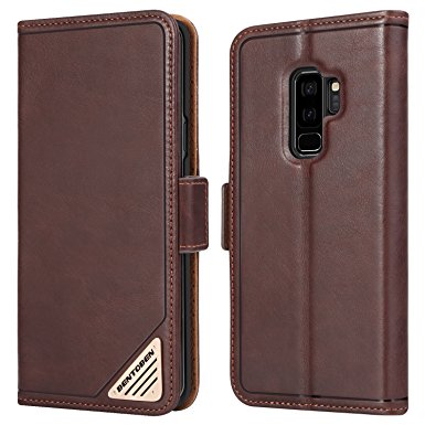 BENTOBEN Galaxy S9 Plus Wallet Case, Slim Genuine Leather Magnetic Folio Flip [Credit Card Slot   Cash Pocket] Purse with Kickstand Feature Samsung Galaxy S9 Plus Protective Phone Cover, Brown