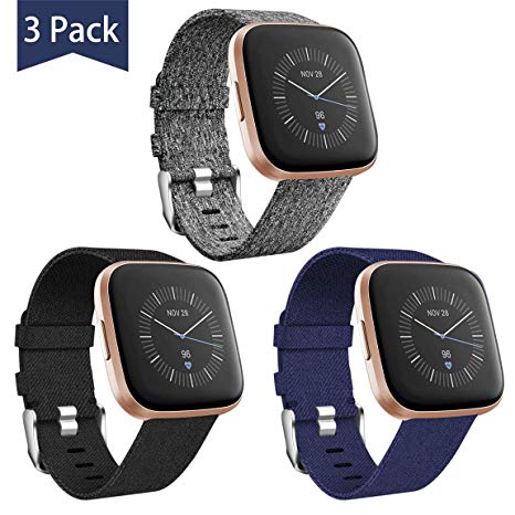 Maledan Compatible with Fitbit Versa/Fitbit Versa 2/Fitbit Versa Lite Bands Small, Adjustable Versa Woven Fabric Band Wristband Replacement for Men Women, 3 Pack Black/Blue/Charcoal