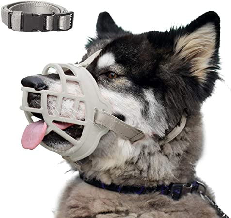 Dog Muzzle, Soft Silicone Basket Muzzle for Dogs, Allows Panting and Drinking, Prevents Unwanted Barking Biting and Chewing, Included Collar and Training Guide (2 (Snout 7.5-9.5"), Grey)