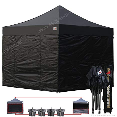 AbcCanopy Commercial 10x10 Ez Pop up Canopy, Party Tent, Fair Gazebo with 6 Zipped End Sidewalls and Roller Bag Bonus 4x Weight Bag (Black)