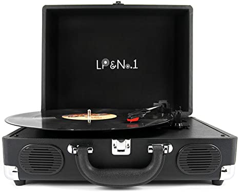 LP&No.1 Portable Suitcase Turntable with Stereo Speaker,3 Speeds Belt-Drive Vinyl Record Player Black