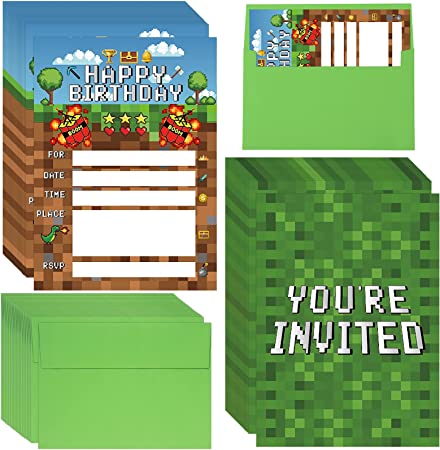 25 Pieces Pixel Video Birthday Party Supplies Game Themed Party Invitations Invite Card with Green Envelopes for Boy Kids Pixel Gamer Party Decorations Supplies