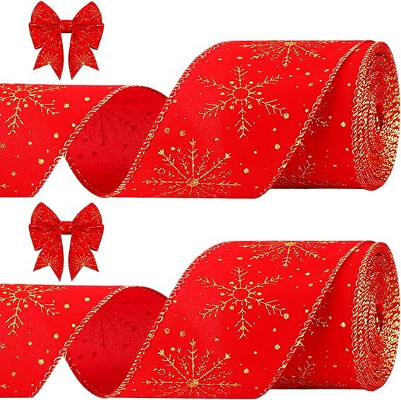 Lyrow 2 Rolls Christmas Velvet Ribbon 2.5 Inches Christmas Velvet Satin Ribbon Vintage Wide Wired Edge Wrapping Ribbon for Christmas Wedding Decorating, Gift Wrapping Bow (Red Snowflake,20 Yards)