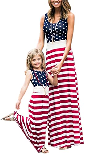 4th of July American Flag Mommy and Me Stripe Stitching Beach Maxi Dresses