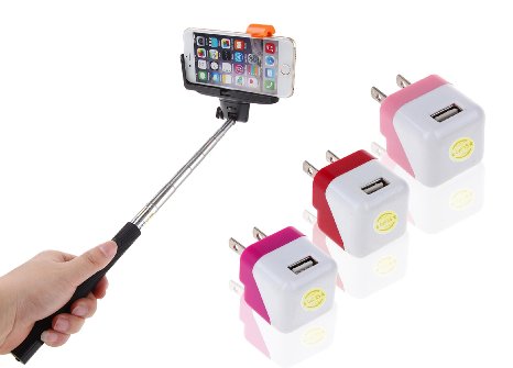 Extendable Bluetooth Remote Shutter Selfie Stick and 3 Pcs Cubic Wall Charger (Pink Red Hot Pink)