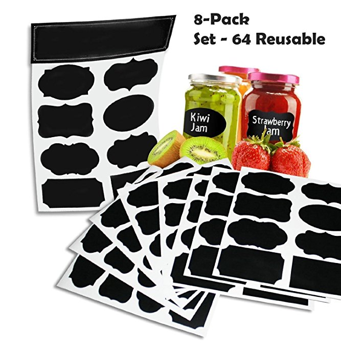 64 Reusable Reusable (8 Sheet Pack) Premium Quality Black Decorative Adhesive Stickers-Pantry Storage Organizer, Mason Jar Chalk Labels, Gift Tags, Classroom Organization - Write Peel and Stick!