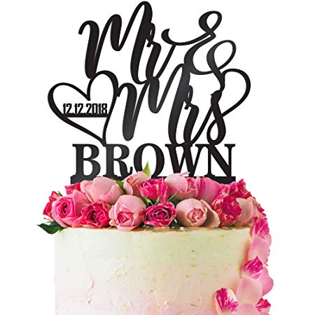 Personalized Wedding Cake Topper Customized Wedding Date, Mr. and Mrs. Last Name 4 Color Type and 24 Colors Design 5 (Solid Colors)