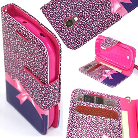 SOGA® PU Leather Magnetic Flip Design Wallet Case for Samsung Galaxy Light T399 T-Mobile - Pink Leopard Ribbon Gift [SWG71]