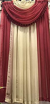 Sapphire Home Complete Window Sheer Curtain Panel Set with 4 Attached Panels (55x84 Each) and 2 Valances with Beads and 2 Tiebacks - Easy Installation- Multicolor Burgundy and Gold
