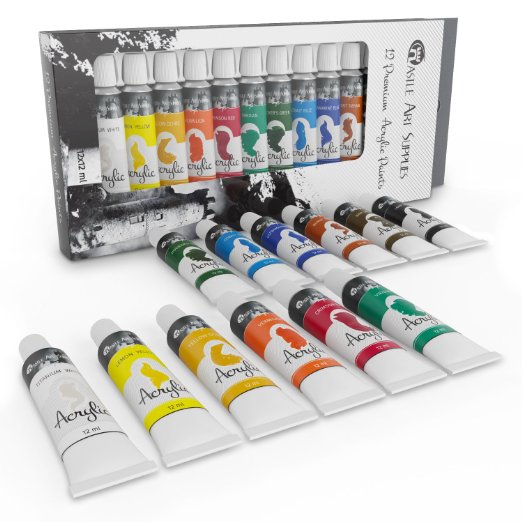 Acrylic Paint Set for Beginners, Students or Artists - A Perfect Mix of Quality and Versatility - Vivid Colours - Easy to Blend and Good Coverage on Paper, Canvas, Wood or Fabric - Not Too Thick for Great Flexibility - 100% Satisfaction Money Back Guarantee (12 piece set)