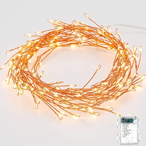 8 Feet 200 LED Starry Lights, Battery Operated Waterproof Copper Wire Firecracker String Lights for Outdoor Indoor Party, Xmas, Garland, Wreath, Garden, Wedding Decors (Bronze Wire, Warm Light)