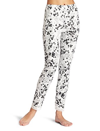 Cuddle Duds Women's Softwear Lace Edge Long Pant, Ivory/Black Floral, Small