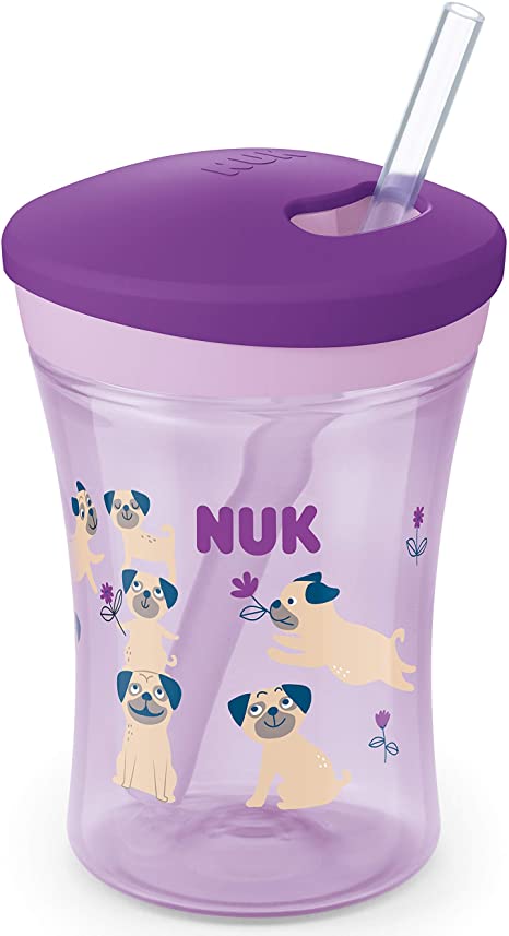 NUK Action Cup Toddler Cup | 12  Months | Twist Close Soft Drinking Straw | Leak-Proof | BPA-Free | 230ml | Pug (Purple) | 1 Count