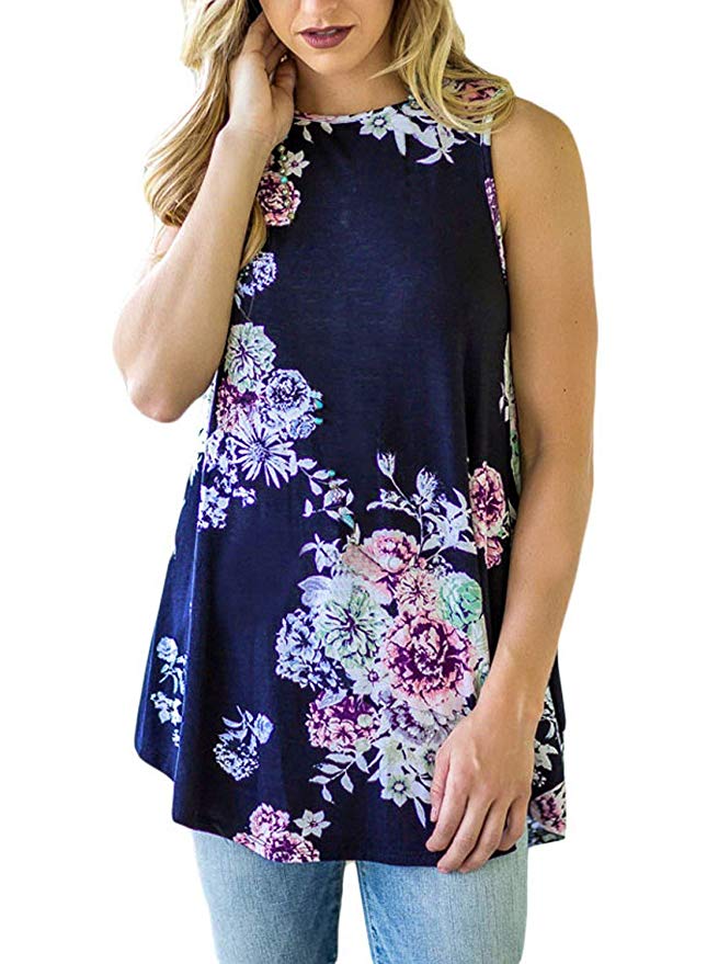 Viracy Women Casual Summer Sleeveless Floral Print Asymmetrical Hem Tank Top
