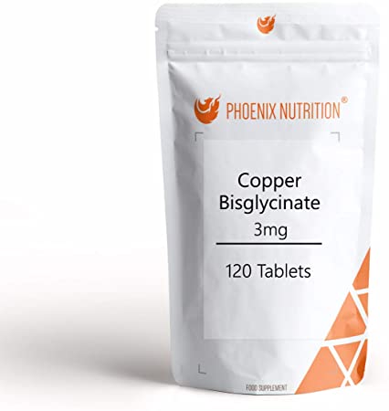 Copper Bisglycinate 3mg x 120 Tablets (Bioavailable Chelated Form) by Phoenix Nutrition