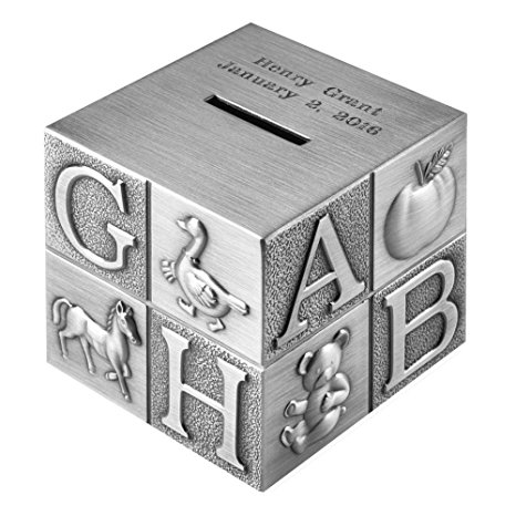 Abc Block Custom Engraved Piggy Bank - Brushed Nickel Personalized