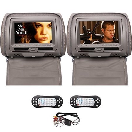 Ouku® 2PCS Pair of Headrest 7" LCD Car Pillow Monitor DVD player Dual Twin Screens USB SD IR FM Transmitter 32 Bit Games, Zipper Cover -- Gray Grey Color