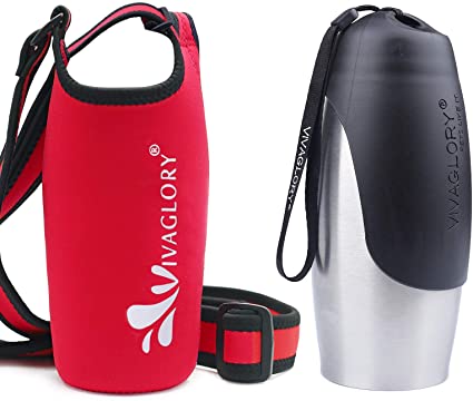 VIVAGLORY 25oz Stainless Steel Dog Walking Water Bottle and Red Neoprene Water Bottle Holder with Adjustable Wide Shoulder Strap