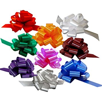 Christmas Gift Wrap Pull Bows - 5" Wide, Set of 9, Red, Green, Blue, Gold, White, Silver