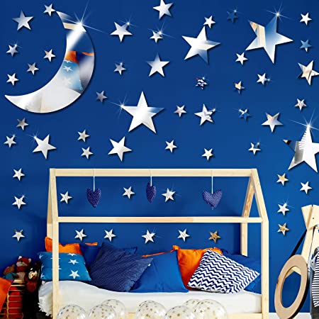 61 Pieces Acrylic Star Mirror Wall Stickers Moon Stars Wall Decal Silver Mirror Sticker Decors Removable Star Mirror Stickers for Kids Boy Girls Baby Room Good Night House Nursery Home Bedroom