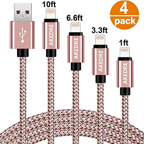 LKOER Charger Cables, 4Pack [10FT 6.6FT 3.3FT 1FT] Nylon Braid USB Syncing and Charging Cable Data Nylon Braided Cord Charger Compatible with Phone X / 8/8 Plus /7/7 Plus/6/6 Plus/6s Plus/5/5s/5c