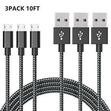 CTREEY Micro USB Cable,3Pack 10FT Extra Long Nylon Braided High Speed 2.0 USB to Micro USB Charging Android Fast Charger Cord for Samsung Galaxy S7 Edge/S6/S4,Note 5/4/3,HTC,Tablet (Black/White)