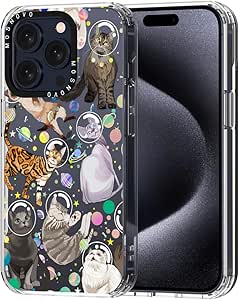 MOSNOVO Case for iPhone 15 Pro, [Buffertech 6.6ft Military-Grade Drop Protection] [Anti Peel Off Tech] Clear TPU Bumper Phone Case Cover Design - Space Cat