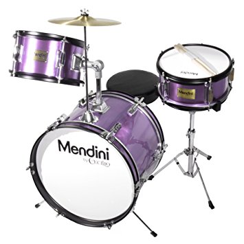 Mendini by Cecilio 16 inch 3-Piece Kids / Junior Drum Set with Adjustable Throne, Cymbal, Pedal & Drumsticks, Metallic Purple, MJDS-3-PL