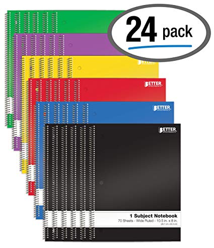 Spiral Notebooks 1-Subject, 24 Pack, Wide Rule, 70 Sheet, 8 x 10.5 inches, by Better Office Products, 6 Assorted Primary Colors, 24 Pack