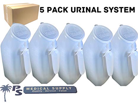 Bedside Table Reusable Portable Male High Capacity Urinal System with Splash Resistant Snap Lid 32oz./1000mL (5 Pack)