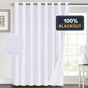 100% Blackout Linen Look Patio Door Curtain 96 Inches Long Extra Wide Thermal Insulated Grommet Curtain Drapes for Living Room/Sliding Glass Door, Primitive Winow Treatment Decoration, White