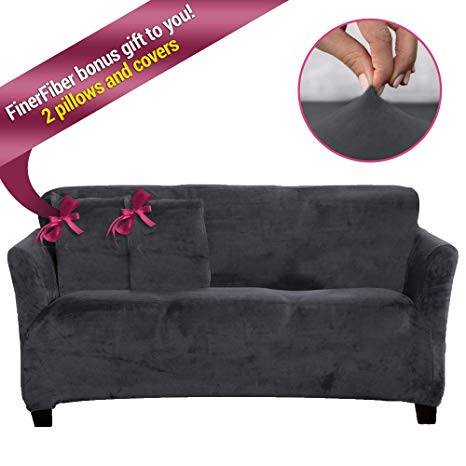 FinerFiber Velvet High Stretch Strapless Couch slipcover   Extra 2 Insert Cushions  Throw Pillow Covers | 1- Piece Sofa SlipCover for Furniture | Soft Durable Couch Covers for 3 Cushion Couch