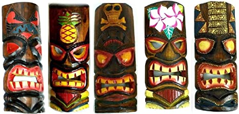 Set of 5 Hand Carved Polynesian Hawaiian Tiki Style Masks 12 in Tall Turtle Pineapple Colorful Flower Parrot