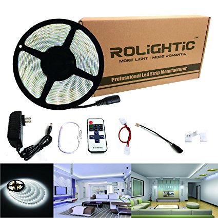 RoLightic LED Strip Light 16.4ft 300leds White 6000K SMD3528 Dimmable Led Cabinet Light with 11key Remote Dimmer & 2A Power Supply for Home Lighting, Kitchen, Indoor Decoration (Pure White Waterproof)