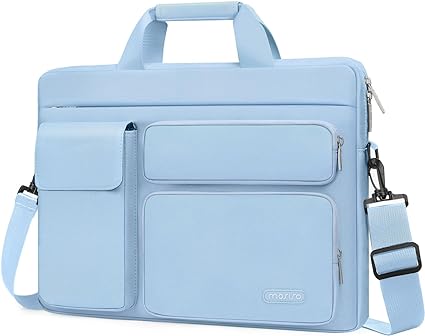 MOSISO Laptop Shoulder Messenger Bag Compatible with MacBook Air/Pro,13-13.3 inch Notebook,Compatible with MacBook Pro 14 inch with 2 Raised&1 Flapover&1 Horizontal Pocket&Handle&Belt, Airy Blue