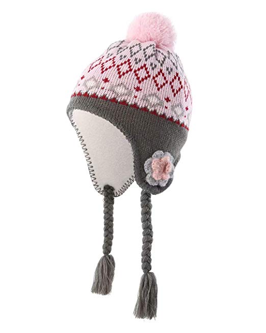 Home Prefer Toddler Girls Winter Hats Fleece Lined Flower Knit Kids Earflaps Hat