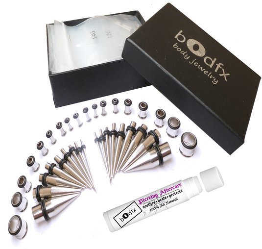 bOdfx Stainless Ear Gauges Stretching Kit   Piercing Balm - 36 Piece Stainless Tapers & Tunnels. 14g-00g