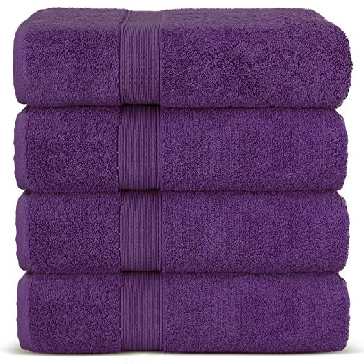 TURKUOISE TURKISH TOWEL Premium Quality 100% Turkish Cotton Bath Towel Set (Stripe Border-Plum, Set of 4)