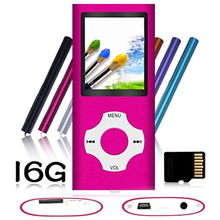 Tomameri - Portable MP3 / MP4 Player with Rhombic Button, Including a 16 GB Micro SD Card and Support Up to 64GB, Compact Music, Video Player, Photo Viewer Supported - White-with-Pink