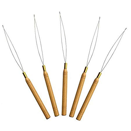 5 Wooden Hair Extensions Loop Needle Threader Wire Pulling Hook Tool for silicone microlink beads and feathers, Set of 5 for hair or feather extensions