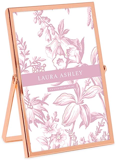Laura Ashley 4x6 Rose Gold Flat Metal Picture Frame (Vertical) with Pull-Out Easel Stand, Made for Tabletop, Counterspace, Shelf and Desk
