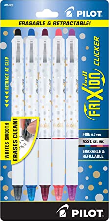 PILOT FriXion Clicker Erasable Design Collection Dots, Refillable & Retractable Gel Ink Pens, Fine Point (0.7mm), Assorted Ink, 5-Pack (15220)