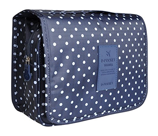Portable Hanging Travel Cosmetic Bag - Lady Color Folding Organizer Travel Makeup Toiletry Bathroom Bag for Women / Men, Shaving Kit with Hanging Hook for vacation (Navy Dot)