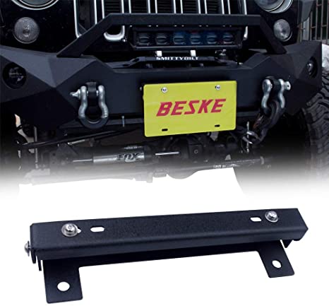 BESKE Flip-Up License Plate Holder for Winch Black for Jeep Wrangler TJ YJ JK JKU JL Jeep Gladiator JT Truck