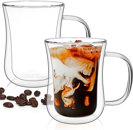 ComSaf 15 oz Double Wall Glass Coffee Cups, Insulated Espresso Cups with Handle Set of 2, for Cappuccino, Latte, Tea