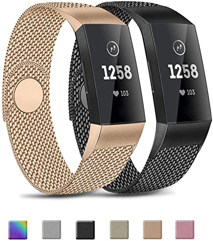Pack 2 Metal Loop Bands Compatible with Fitbit Charge 4 / Charge 3 / Charge 3 SE Bands, Stainless Steel Magnetic Replacement Metal Band (Rose Gold   Black, Small)